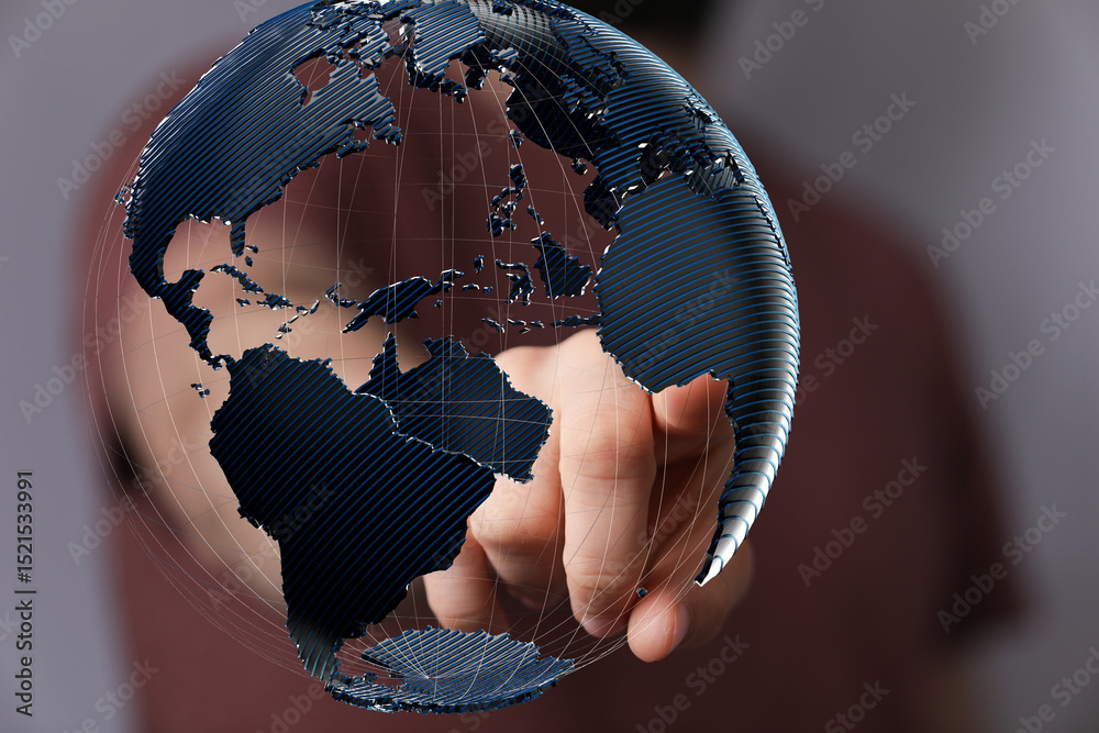 Aufkleber High-quality stock photo of a hand interacting with a 3D model of the Earth, symbolizing global connection and networking.