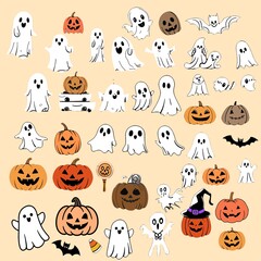 halloween seamless pattern. Halloween Clipart Collection: A large collection of cute and spooky Halloween-themed vector graphics, including ghosts, pumpkins, bats, and candy. Perfect for creating card
