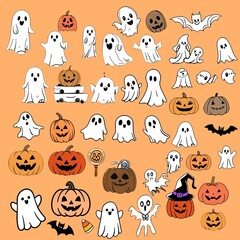 halloween seamless pattern. Halloween Clipart Collection: A large collection of cute and spooky Halloween-themed vector graphics, including ghosts, pumpkins, bats, and candy. Perfect for creating card
