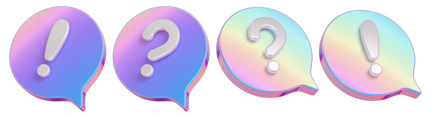 Speech bubble signs set. Holographic metal dialog clouds with question and exclamation marks. 3D rendering.
