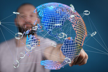 Abstract image of a man interacting with a digital globe, representing global network connections...