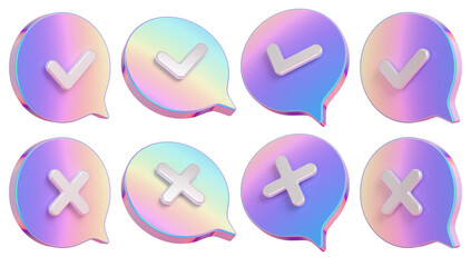 Approve and decline speech bubble signs set. Holographic dialog clouds. 3D rendering.