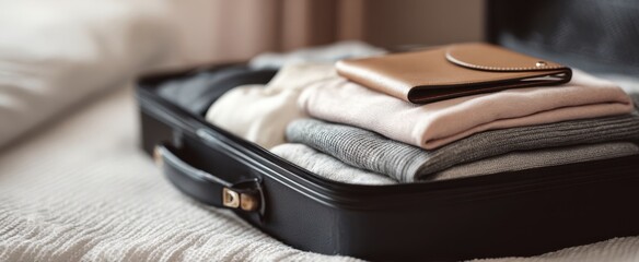 The suitcase filled with neatly folded clothes and a stylish wallet.