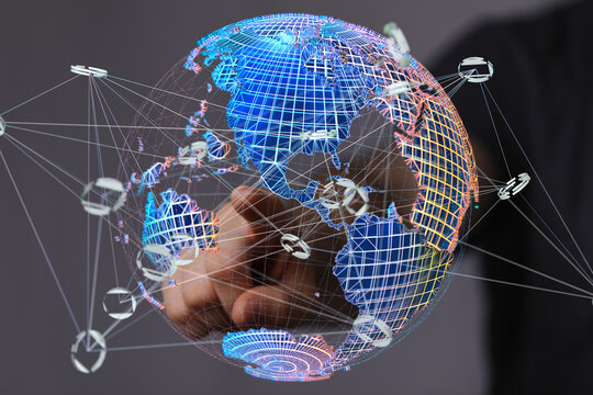 Abstract image of a digital world map showcasing global network connections and data transfer.
