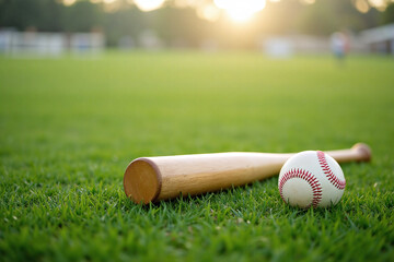 Baseball Bat and Ball Resting on Green Grass