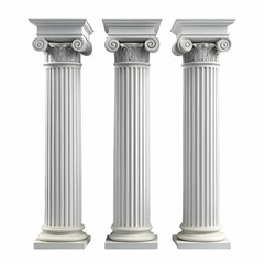 Obraz premium Three elegant ionic columns architectural detail isolated on white background for design concepts