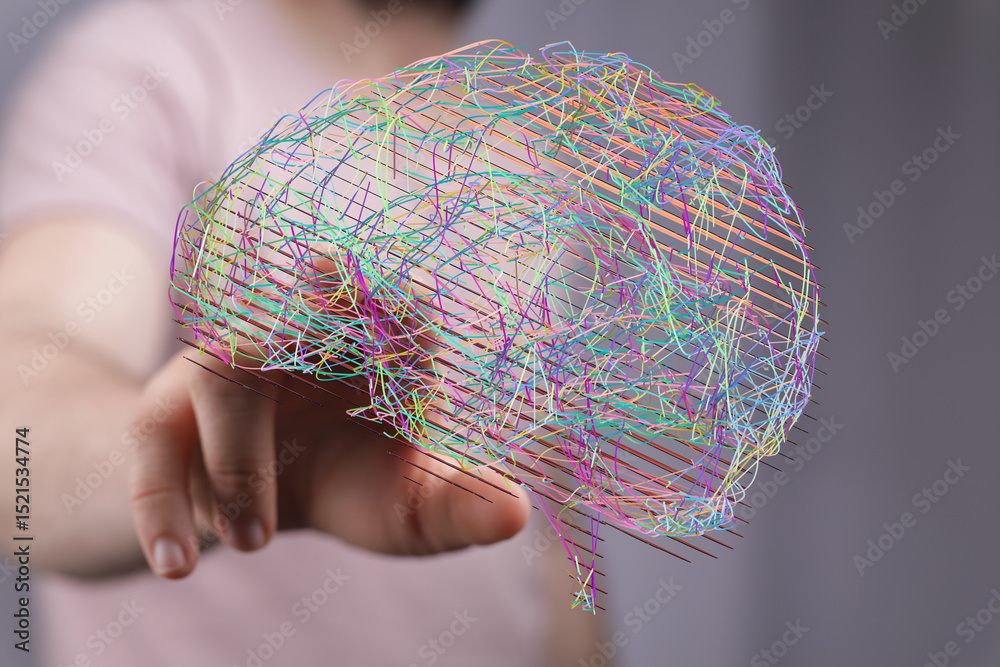 Poster digital illustration of a brain, representing neural networks and ai. perfect for tech, science, and