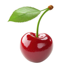 Single red cherry with leaf isolated on transparent background