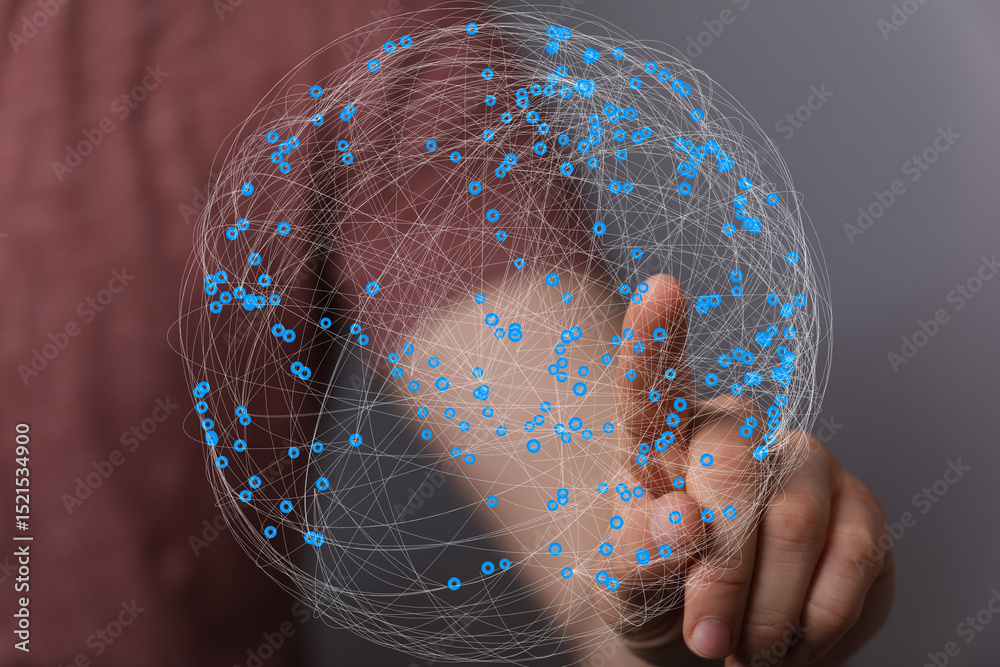 Poster Abstract image of a hand interacting with a digital global network.  Perfect for technology, connection, and global concepts.