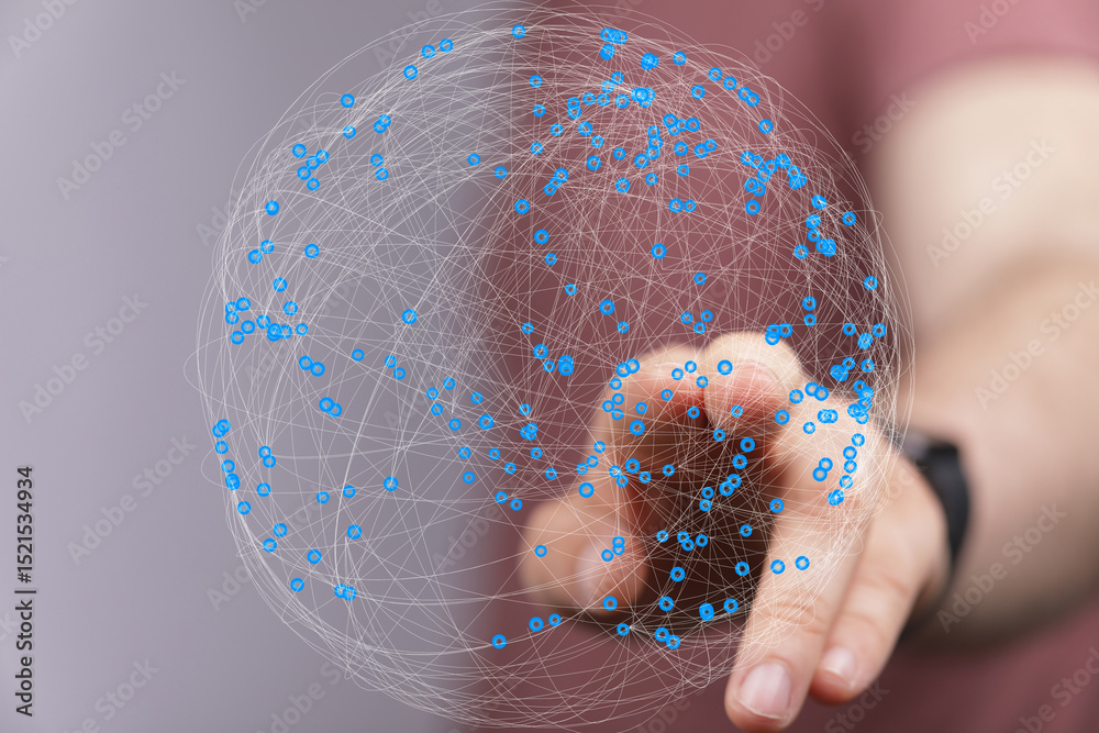 Poster Abstract image of a hand interacting with a digital global network.  Perfect for technology, connection, and global concepts.