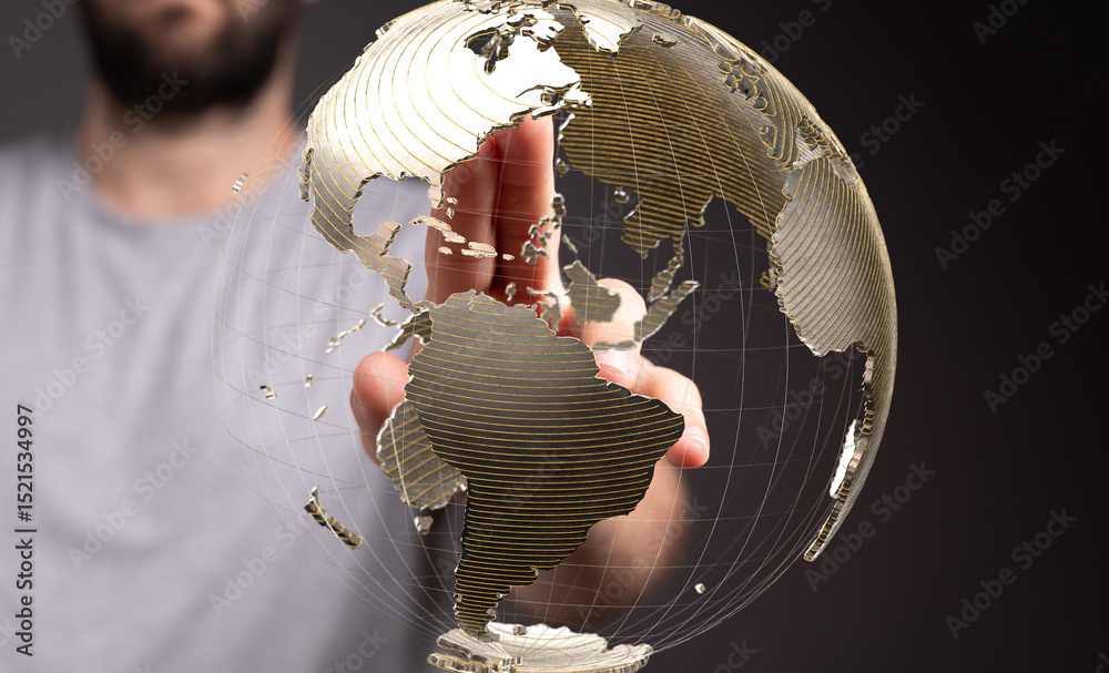 Poster Image of a person interacting with a digital globe, representing global connectivity and networking.