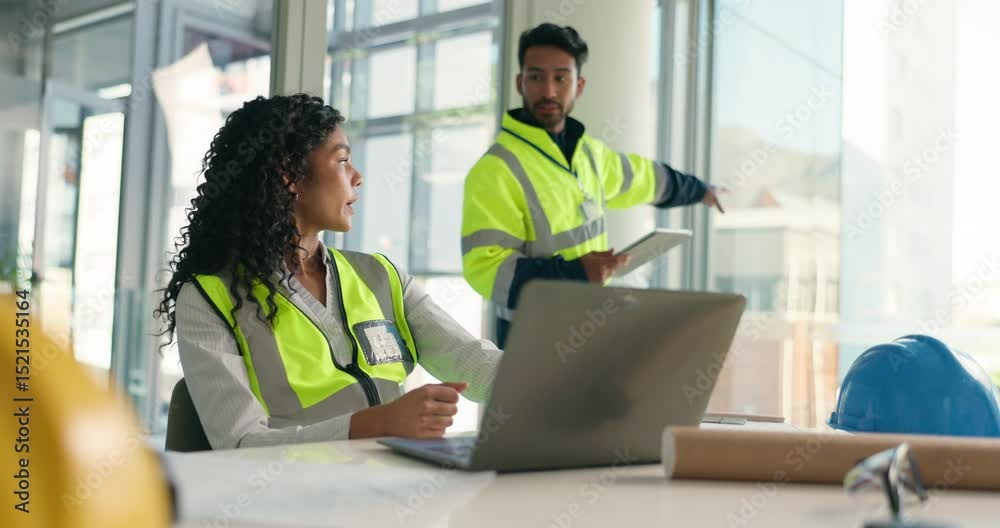 Poster civil engineer, architecture and people with laptop, pointing or collaboration for building project.