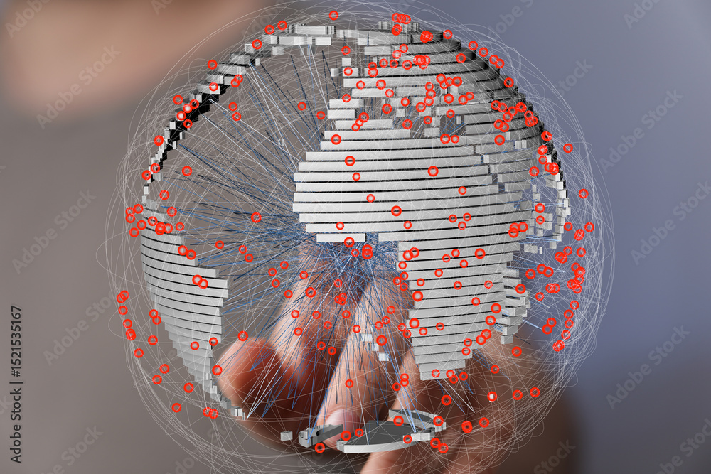 Leinwandbilder hand interacting with a 3d digital globe, showing interconnected data points.