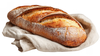 Displaying a golden brown crust and rustic texture, a freshly baked loaf of bread rests on soft linen cloth, creating a cozy scene perfect for food projects