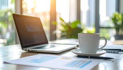 Fototapeta premium Modern office workspace with laptop, coffee mug, and financial reports – professional business environment