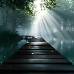 A serene wooden path leading through a mystical forest, illuminated by soft rays of light penetrating the fog.
