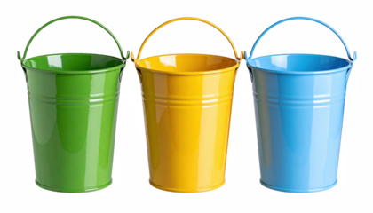 A set of three colorful buckets arranged neatly together showcasing various sizes and vibrant colors for various household and outdoor uses isolate on transparent background