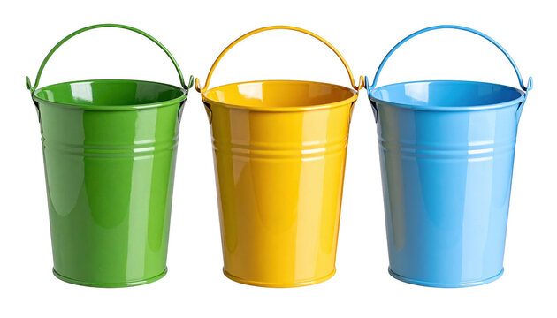 A set of three colorful buckets arranged neatly together showcasing various sizes and vibrant colors for various household and outdoor uses isolate on transparent background