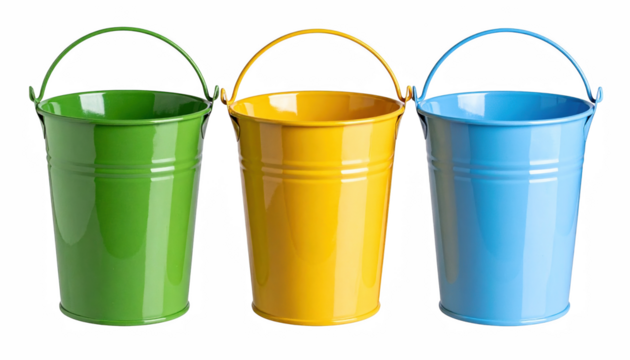 A set of three colorful buckets arranged neatly together showcasing various sizes and vibrant colors for various household and outdoor uses isolate on transparent background