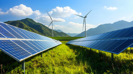 Solar Panels And Wind Turbines In A Green Field Landscape