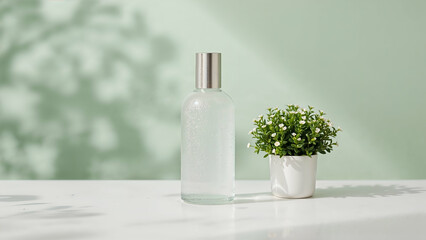 Minimalist Bottle and Plant on White Surface in Natural Lighting