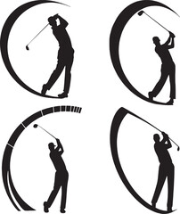 A bundle of four distinct golfer silhouettes inside crescent shapes. Each design captures a unique pose and swing angle, suitable for multi-use branding, icon sets, or golf collections.