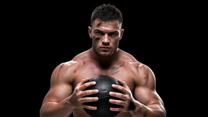 A muscular athlete with a tense expression holds the ball, demonstrating focus and determination.