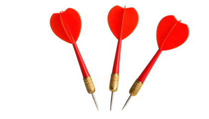Set of three darts laid out on a dark background highlighting their design and potential use in games and recreational activities isolate on transparent background