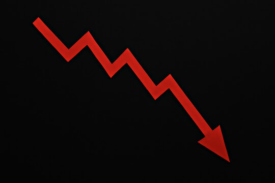 Minimalist red arrow going down diagonally on black background, representing economic decline, stock crash or business loss. Great for finance or crisis-related content. Red arrow on black background
