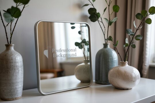 A photograph of a sleek, minimalist mirror with a thin silver frame, positioned centrally against a backdrop of three elegant ceramic vases