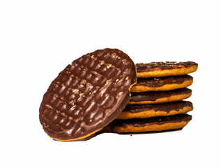 some chocolate digestive biscuits on a white background