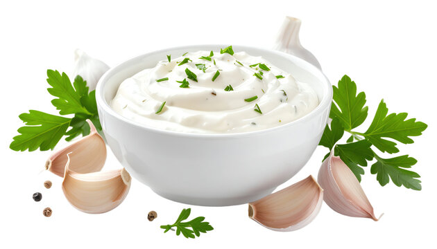 Creamy garlic sauce topped with fresh herbs in a white bowl, accompanied by garlic cloves and parsley