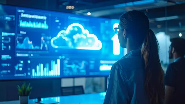 Professional female engineer monitoring cloud data dashboard on large screen in dark modern office. Visuals show backup and restore processes with analytics charts and network activity in real time.