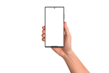 Hand showing smartphone with blank screen isolated. Premium high quality studio shot. Concept for business technology and advertising.