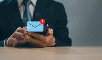 New email notification concept, Business mail communication, Digital marketing, Businessman using...