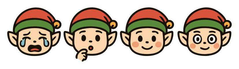 Kawaii Christmas Elf Face Emotes – Crying, Thinking, Happy and Dizzy Cute Holiday Expressions – Vector Sticker Pack
