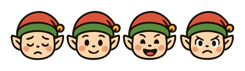Kawaii Christmas Elf Face Emotes – Sad, Happy, Laughing and Angry Holiday Expressions – Vector Sticker Set
