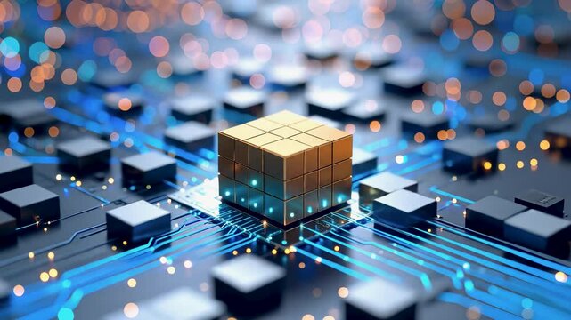 Close-up of edge computing, featuring a central gold cube on a circuit board with glowing blue lines and data node, symbolizing localized data processing and smart module, seamless looping video