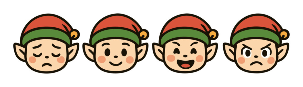 Kawaii Christmas Elf Face Emotes &ndash; Sad, Happy, Laughing and Angry Holiday Expressions &ndash; Vector Sticker Set
