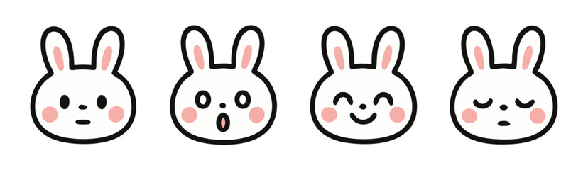 Obraz premium Kawaii Bunny Face Sticker Set – Neutral, Surprised, Smiling and Sleeping Rabbit Emotes – Vector Illustration 