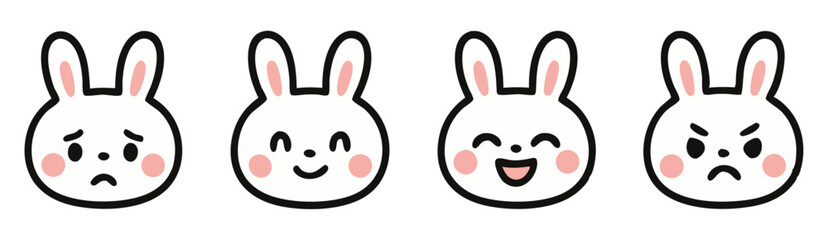 Cute Kawaii Bunny Face Emotes Set &ndash; Sad, Happy, Laughing and Angry Rabbit Expressions &ndash; Vector PNG
