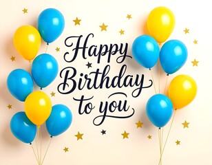 Fototapeta premium Elegant birthday greeting card, blue and yellow helium balloons floating on a light pink background, festive stars.