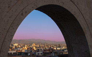 Arequipa, Peru. Sunset view of the Misti Volcano mountain range from the Yanahuara lookout.
