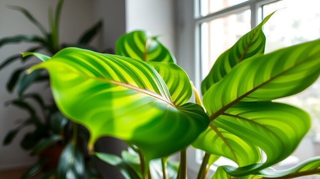 A close up shot of a vibrant Philodendron Gloriosum, displaying the stunning leaf pattern, standing indoors near a bright window, enhancing natural lighting effect. - Powered by Adobe