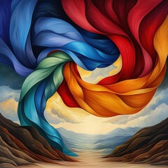 Abstract Swirling Forms in Blue, Red, Orange and Green Hues Over a