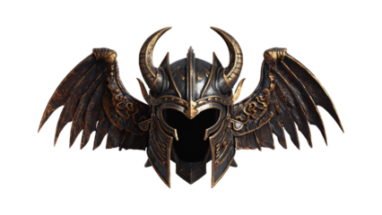 Ornate Warrior Helmet with Wings and Horns, Dark Fantasy Armor Design, Detailed and Powerful Aesthetic