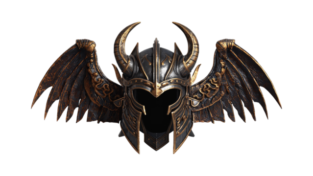 Ornate Warrior Helmet with Wings and Horns, Dark Fantasy Armor Design, Detailed and Powerful Aesthetic