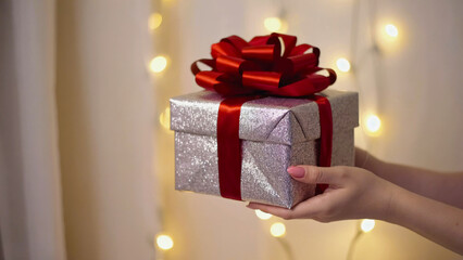 Gift Box with Red Ribbon and Bow Held Against a Soft Focus Background of Warm Fairy Lights