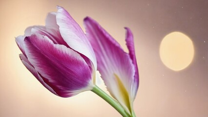 Elegant Pink and White Tulip Blooms Against Soft Background with Glowing Sunlight Effect