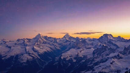 Majestic Mountain Range Under Sunset Sky with Snow-Capped Peaks and Twilight Glow over the Horizon